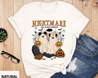 Nightmare on Main Street T-shirt, Vintage Mickey Halloween Tee, Funny Spider Skeleton Retro Disney Shirt for Halloween Party Shirts