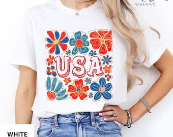 Boho Floral USA Shirt, Cute American Tee, Girly Fourth Of July Shirt, Patriotic Floral Shirt, USA Flowers Shirt, Gift for 4th of July