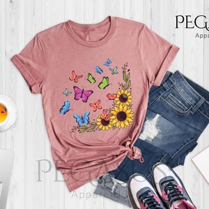 Sunflower Butterfly Shirt, Butterfly Tee, Sunflower Shirt, Mothers Day Gift Shirt, Floral Tee, Flowers Gift Shirt, Botanical Tee, Cute Sunflower Gift