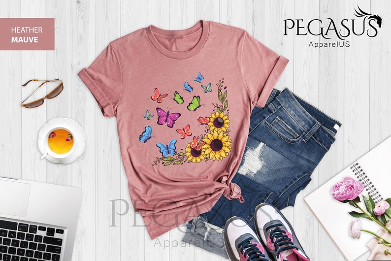 Sunflower Butterfly Shirt, Butterfly Tee, Sunflower Shirt, Mothers Day Gift Shirt, Floral Tee, Flowers Gift Shirt, Botanical Tee, Cute Sunflower Gift