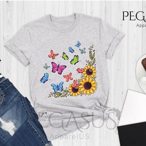 Sunflower Butterfly Shirt, Butterfly Tee, Sunflower Shirt, Mothers Day Gift Shirt, Floral Tee, Flowers Gift Shirt, Botanical Tee, Cute Sunflower Gift