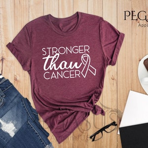 May include: A heather maroon t-shirt with the text "Stronger than Cancer" and a white ribbon graphic. The shirt is folded and displayed on a wooden surface with other items.