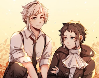 May include: Two anime characters, one with white hair and a white shirt with a black tie, and the other with dark hair and a black coat with a white collar, are sitting on a ledge. The background is a light yellow with a floral pattern.