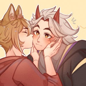 May include: Digital illustration of two anime-style characters. One character, with brown hair and fox-like ears, kisses the other character's cheek. The second character has white hair, red horns, and is wearing a black jacket with purple accents.