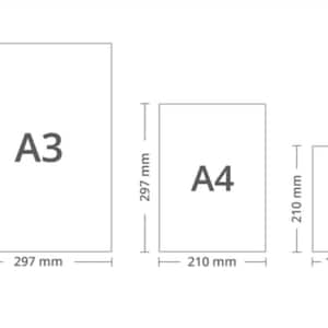 May include: Diagram showing the dimensions of three standard paper sizes: A3, A4, and A5. A3 is 297 mm by 420 mm, A4 is 210 mm by 297 mm, and A5 is 148 mm by 210 mm.