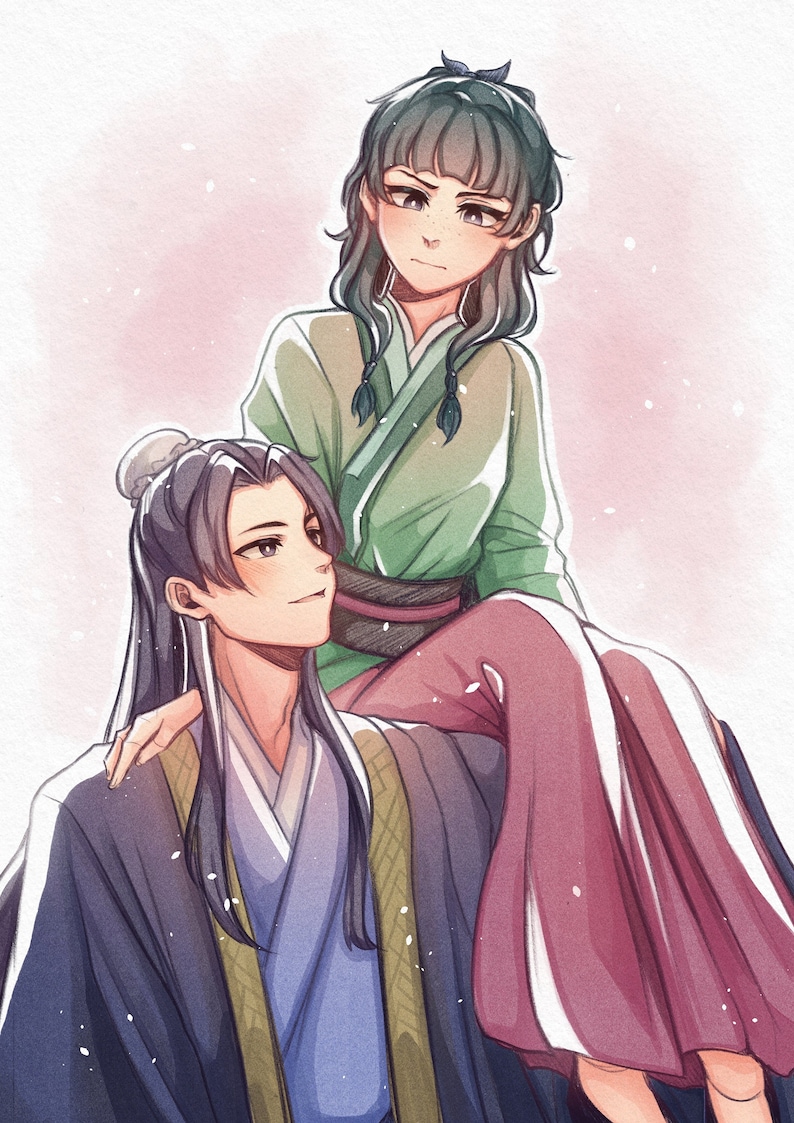 May include: A woman in a green and pink robe sits on the shoulders of a man in a blue and purple robe. They are both looking at the viewer. The background is a light pink with white dots.
