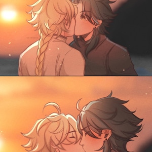 Peut inclure: Illustration numérique de deux personnages s'embrassant au coucher du soleil. L'un a les cheveux blonds en tresse, l'autre a les cheveux foncés. Le fond est un dégradé orange et jaune chaud.
