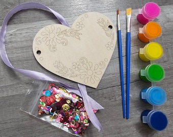 Personalized Valentine Craft Kit: Wood Heart, Paints, Sequins - Main Image