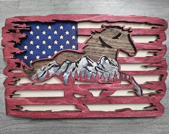 Layered Wood Horse Sign: American Flag Equestrian Decor