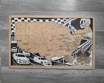 Lighted Raceway Travel Tracker Map: Painted Wood Wall Art, speedway travel map