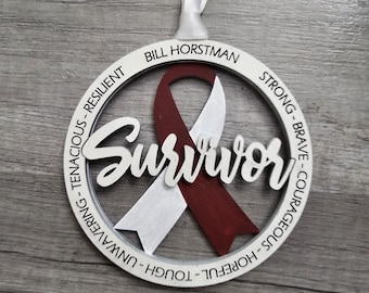 Head and Neck Cancer Survivor Ornament: Burgundy and Ivory Ribbon, Handmade Wood, head & neck cancer fight