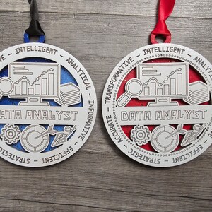 May include: Two circular ornaments featuring a white cutout frame with the text DATA ANALYST and descriptors like INTELLIGENT, ANALYTICAL, INFORMATIVE, EFFICIENT, STRATEGIC, ACCURATE, and TRANSFORMATIVE. One has a blue glitter background, the other red.