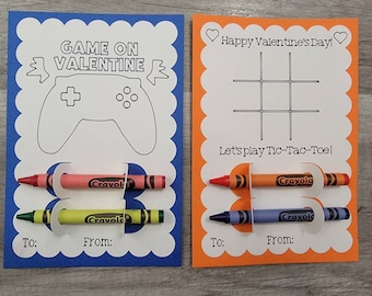 Video Game & Tic Tac Toe Valentine Cards with Crayons - Set of 2
