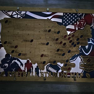 Personalized Football Stadium Travel Tracker Map: Painted Wood Wall Art