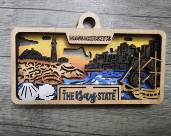 Custom Massachusetts Wood Ornament: MA Travel Gift