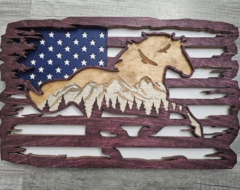 American Flag Wood Horse Sign: Layered Equestrian Decor