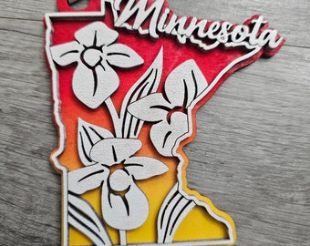 Custom Minnesota State Ornament: Laser Cut Wood, Hand Painted