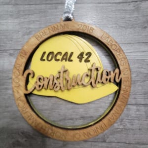 Personalized Construction Worker Christmas Ornament: Laser Cut Wood