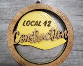 Personalized Construction Worker Christmas Ornament: Laser Cut Wood