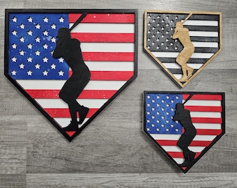Laser Cut Baseball Sign: American Flag Tiered Tray Decor