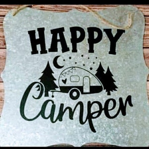 Happy camper large metal welcome sign, camping sign, welcome to our camper, metal wall decor, rv sign, travel trailer door hanger