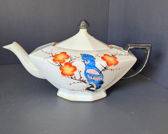 Vintage Royal Trico Nagoya Japan Tea Set: Hand-Painted Birds, Blossoms, Art Deco Lusterware 21-Piece Service