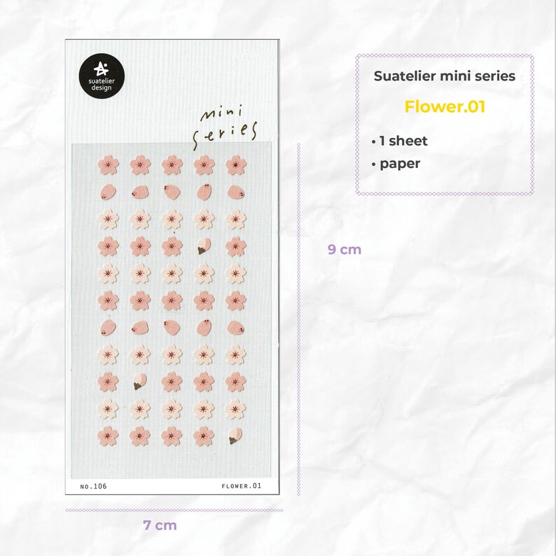 May include: A sheet of pink and white flower stickers. The sheet is 7 inches by 9 inches and features a pattern of small pink and white flowers. The sheet is labeled "Suatelier mini series Flower.01".