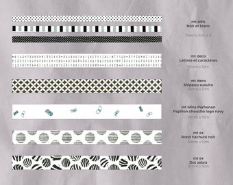 Washi tape samples - France | 1m | noir et blanc, lettres et caractères, papillon, dots | mt | for scrapbooking, décoration de journal