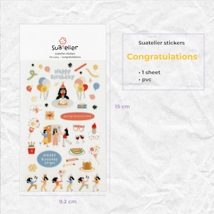 Suatelier-stickers | De taart is er!, Gefeliciteerd | voor scrapbooking, dagboekplanner, verjaardagskaart | Autocollant CoréenRetro-sticker