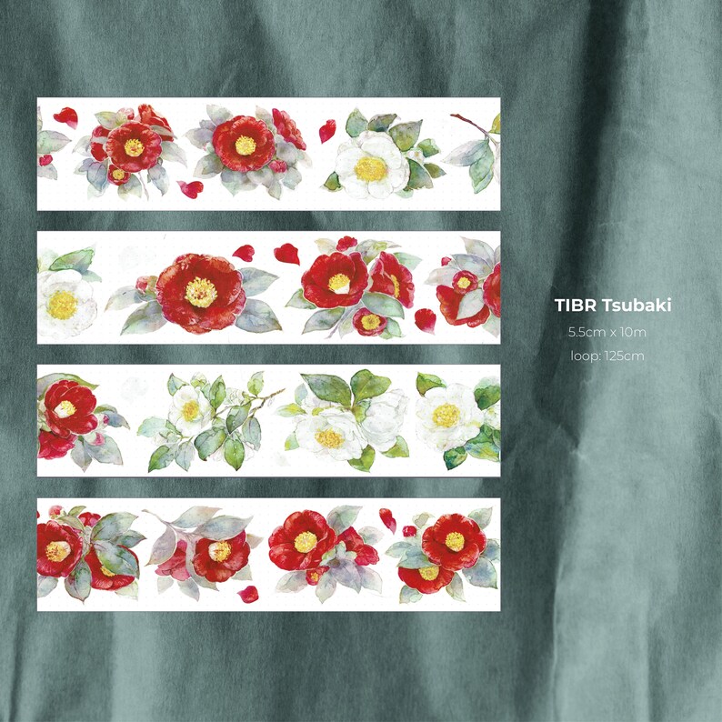 May include: Four strips of washi tape featuring a repeating pattern of red and white camellia flowers with green leaves. The text on the tape reads "TIBR Tsubaki 5.5cm x 10m loop: 125cm".