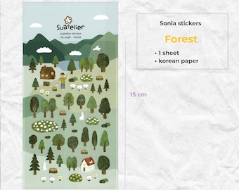May include: A sticker sheet featuring a forest scene with trees, houses, and a person. The sheet is 9.2 cm wide and 15 cm tall. The text "Forest" is displayed, along with the brand name "Suatelier". The stickers are made of Korean paper.