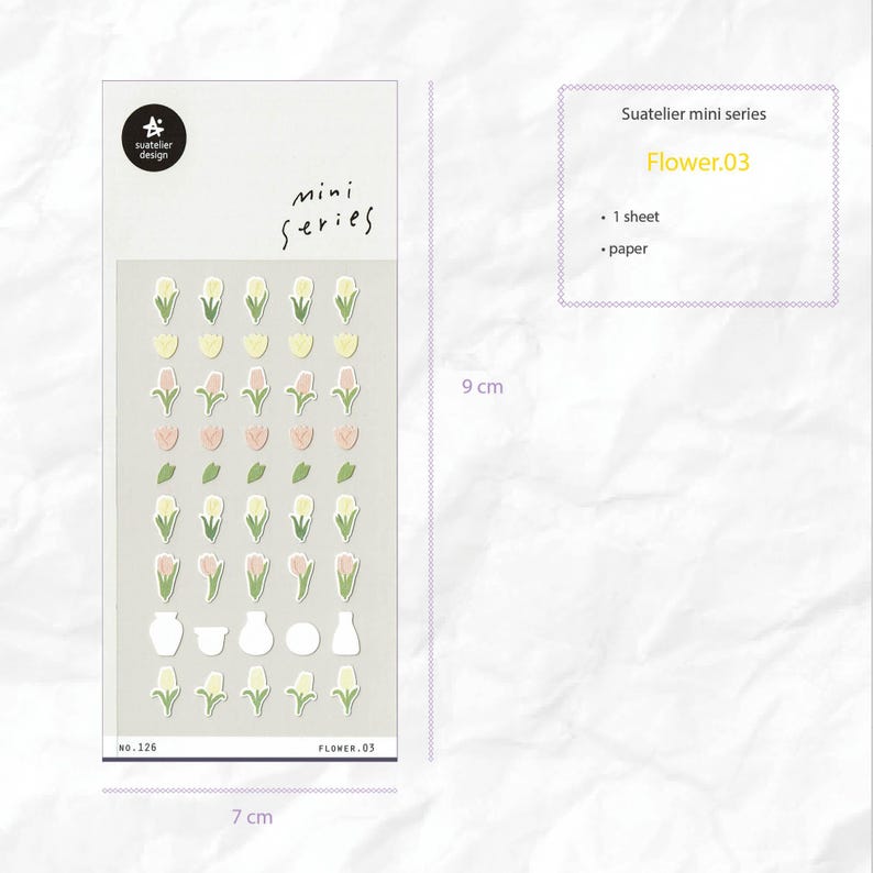 May include: A sheet of stickers with a variety of flower and vase designs. The stickers are 7 cm by 9 cm and are part of the "mini series" collection. The stickers are labeled "Flower.03" and "No. 126".