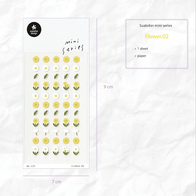 May include: A sheet of stickers with yellow and white flower designs. The stickers are arranged in rows and columns on a white background. The sheet is 7 inches by 9 inches. The text "mini series" and "Flower.02" is printed on the sheet.