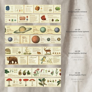 May include: Five different washi tape designs featuring illustrations of minerals, planets, animals, and plants. Each tape is 3 inches wide and 41 inches long. The tapes are labeled with the names of the categories they represent: "Mineral", "Solar System", "Animal", and "Plant".