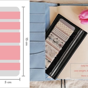 May include: A diagram showing how to store washi tape in a planner. The diagram shows a 5 cm by 15 cm rectangle divided into five horizontal sections. Each section is labeled with a pink rectangle. The diagram is labeled with the measurements 2 mm, 5 cm, and 15 cm. The image also shows a planner with a black pouch containing washi tape. The text "Easy to store, Less weight, less thickness, More choice" is visible in the image.
