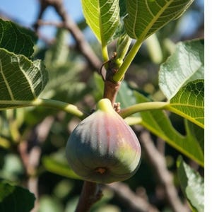 May include: A close-up of a fig fruit on a branch, with green leaves in the background. The fig is a mix of green and purple, with a slightly fuzzy texture. The leaves are a vibrant green, and the image is well-lit.