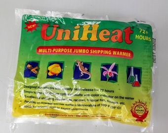 May include: Green and yellow packaging for a UniHeat multi-purpose jumbo shipping warmer. The packaging features images of a lizard, fish, flower, and vials. The text on the packaging reads "UniHeat 72+ Hours Multi-Purpose Jumbo Shipping Warmer".