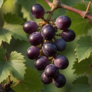 May include: A close-up of a cluster of ripe, dark purple grapes on a vine. The grapes are round and plump, with a slight bloom. Green leaves surround the grapes, and the background is blurred.