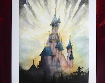 Disneyland Paris Castle Vuurwerk Aquarel Fine Art Print