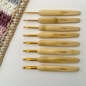 May include: A collection of eight crochet hooks featuring bamboo handles and gold-coloured metal hooks. Each handle is labelled with a size in millimetres, ranging from 2.5mm to 6.0mm. A colourful crocheted blanket is in the background.