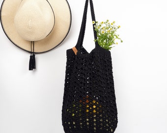 Shoulder summer tote bag       Black crochet market bag