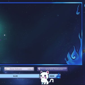 May include: A blue and white streamer overlay with a starry night background. The overlay features a blue flame design, a white cat with pink ears, and a progress bar with the text "New Laptop" and the amount "$135".