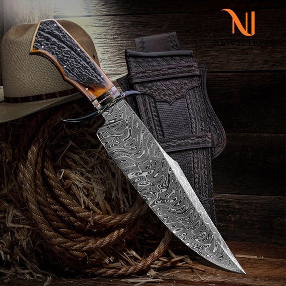 NEW ITTEFAQ Custom Handmade Damascus Hunting Knife Ladder Pattern With Pure  Custom Leather Sheet 