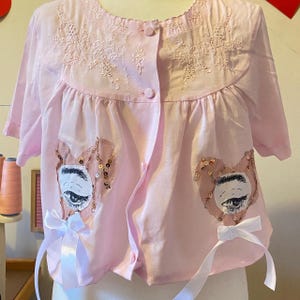 Handmade eye heart button up crop blouse