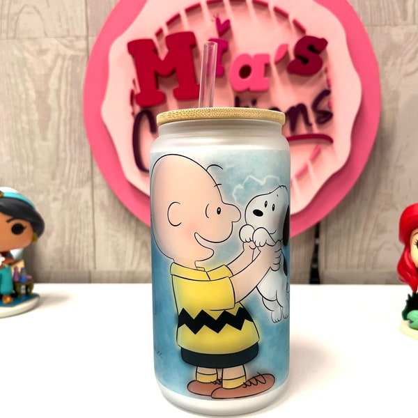 Snoopy Frosted glass can, Snoopy glass can, Snoopy frosted glass can