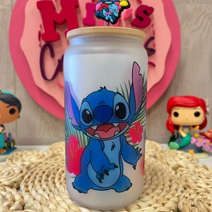 Stitch flower frosted glass can, stitch glass can, Stitch frosted glass can