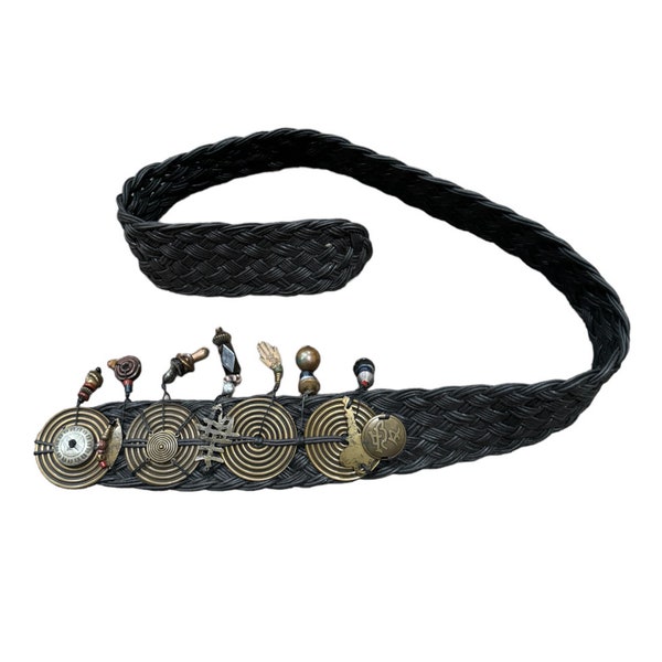 Vintage Funky Unique Asian Style Women’s Steampunk Modernist Brass & Braided Leather Adjustable Belt w Mixed Material Charms - Max 36” Waist