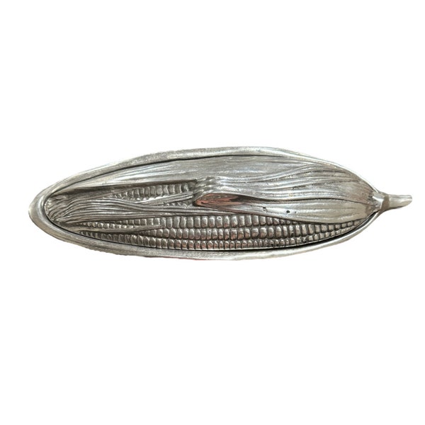 Vintage Corn Roller Unique Pewter Butter Dish Corn With Husk Vegetable Shaped - 14” Long x 4.5” Wide x 2” Deep