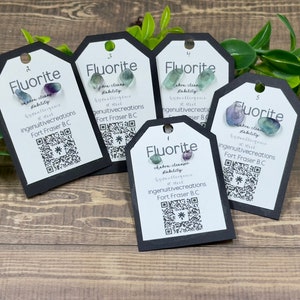May include: Five white tags with black borders, each featuring the word "Fluorite" and a description of the stone's properties. Each tag has a pair of small, colorful, natural fluorite earrings attached. The tags also include the company name "Ingenuitivecreations" and the location "Fort Fraser B.C."