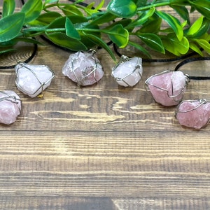 Rose Quartz  Crystal Wire Wrapped Pendant Neckalce  on Adjustable Hemp Cord